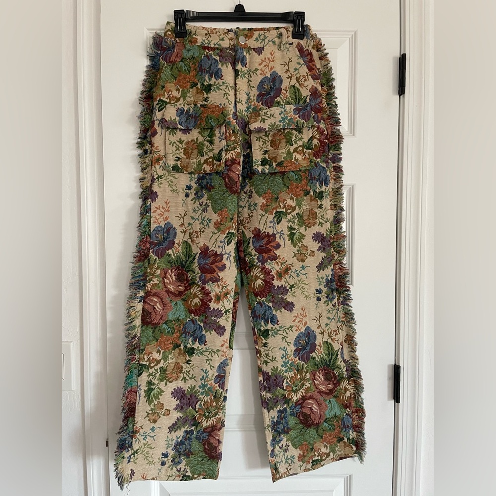 Floral Tapestry Cargo Fringe Pants